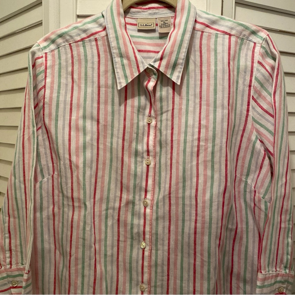 LL Bean Women’s 100% Linen Shirt Pink/Pastel Stripes Long Sleeves Size XL NWOT
